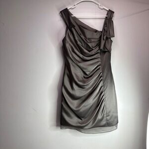 Vera Wang White One Shoulder Ruched Sheath Dress Metallic Silver Sz 12
